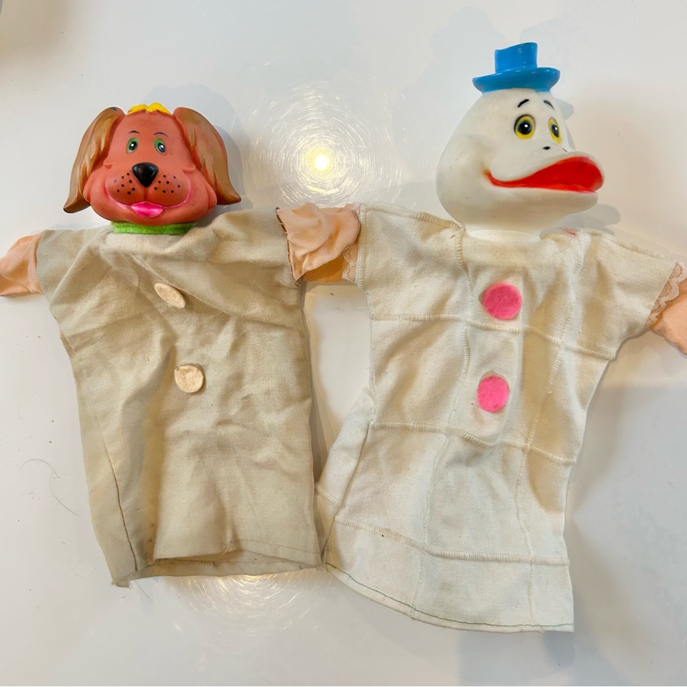 Vintage Retro Rubber Plastic Head Duck and Dog Hand Puppets